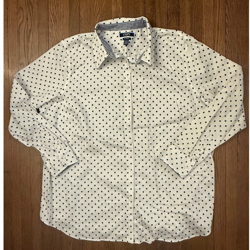 Chaps Womens 2X White Navy Polka Dot No Iron Cotton Button Down Shirt LS